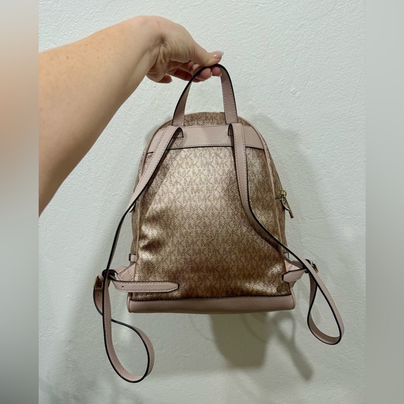Michael Kors Rhea Medium Metallic Rose Gold Signature Logo Backpack - Picture 3 of 5